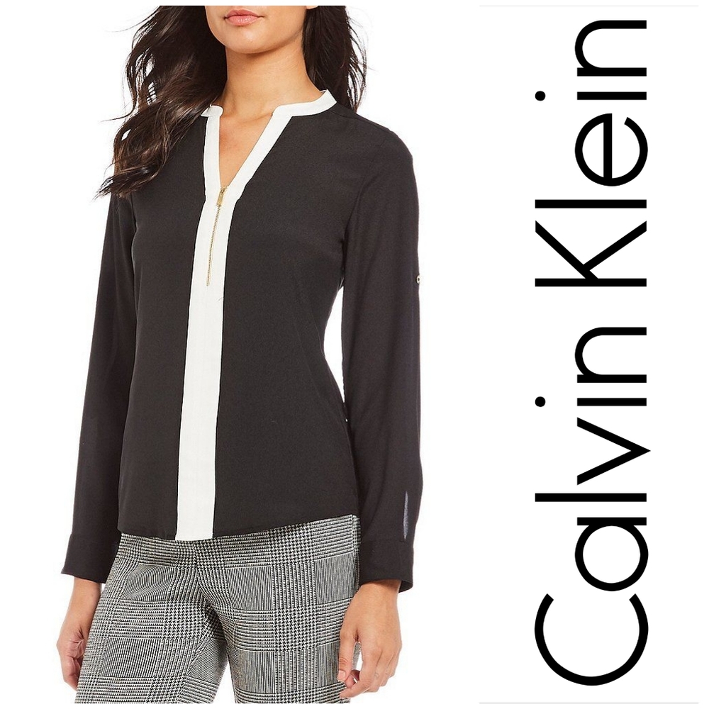 Calvin Klein Roll Sleeve Blouse with Half Zip Sz S